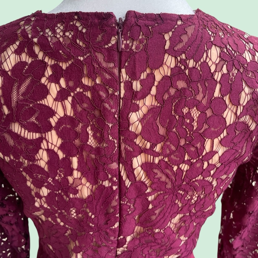 Lulu's Burgundy Lace Long Sleeve Dress. Deep V-neck. EUC. Medium. - Picture 7 of 11